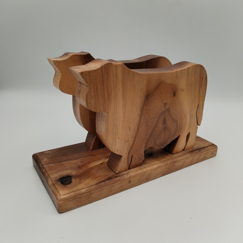 Vintage Top of Iowa Beef Council Hand Carved Wood Cow Steer Napkin Holder Farm